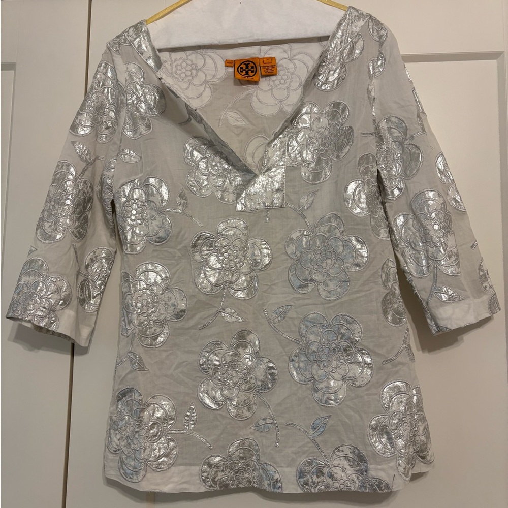 Tory Burch Metallic Silver Floral Top